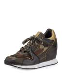 Dean Camouflage-Print Wedge Sneaker, Army/Desert/Black