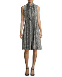 Printed Sleeveless Dress with Scarf, Black