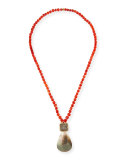 Carnelian Beaded Necklace w/Shell Pendant, Orange