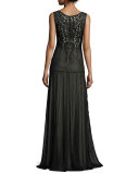 Sleeveless Beaded Tulle Gown, Black