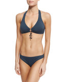 Tassel-Ring Halter Swim Top, Blue Graphite