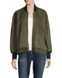 Stone Suede & Twill Bomber Jacket, Army Green