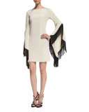 Molly Long-Sleeve Fringe-Trim Dress, Ivory/Black