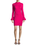 Long-Sleeve Ponte Cocktail Dress, Hot Pink