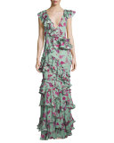Queen Elizabeth Floral Tiered Gown, Light Teal/Pink