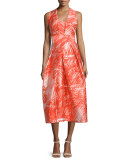 Sleeveless Printed Midi Cocktail Dress, Flame