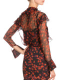 Long-Sleeve Floral-Print Poet Blouse, Red