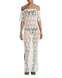 Flora Scalloped Lace Off-the-Shoulder Maxi Coverup Dress, White