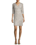 3/4-Sleeve Embellished-Lace Dress, Champagne