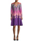 Paisley Ombre Cloqué V-Neck Coat, Purple/Pink