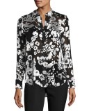 Belle Metallic Floral Mandarin-Collar Shirt, Black/Silver