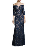 Off-the-Shoulder Beaded Floral Gown, Navy