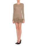 Long-Sleeve Metallic Ruffle-Hem Dress, Gold
