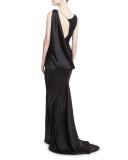 Striped Charmeuse Asymmetric Sleeveless Gown, Black
