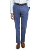 Heathered Solid Flat-Front Trousers, Blue
