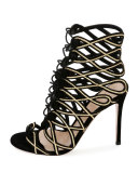 Looped Embroidered Suede Bootie, Nero