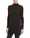 Long-Sleeve Rolled Funnel-Neck Tunic, Black