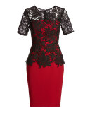 Short-Sleeve Lace-Overlay Crepe Sheath Dress, Garnet