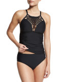 Cabana Solids Crochet-Neck Tankini Swim Top, Black