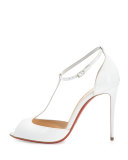 Senora Patent 100mm Red Sole T-Strap Sandal, White