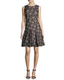Sleeveless Embroidered Fit-&-Flare Dress, Black