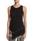 Sleeveless Fringe-Hem Tulle Top, Black