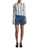 Solid Linen-Blend Shorts, Blue Marine