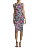 Sleeveless Floral-Print Side-Tucked Sheath Dress 