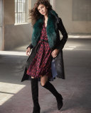 Valinda Leather Trench Coat w/Fur Collar, Black