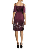 Embroidered Cold-Shoulder Silk Satin Dress, Wine/Multicolor