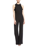 Blithe Silk Ruffle-Trim Halter Jumpsuit, Black