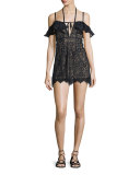 Rosemary Cold-Shoulder Lace Mini Dress, Black