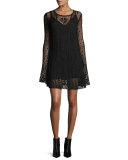 Long-Sleeve Macrame Mini Dress, Darkest Black
