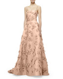 Sleeveless 3D Floral-Embellished Gown, Nude