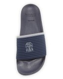 Fabric Slide Sandal w/Solomeo Crest, Blue