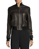 Jordyn Pebbled Leather Zip-Front Jacket, Black