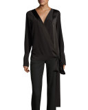 Silk Crossover Tie Blouse, Black