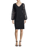 Long-Sleeve Embroidered Cocktail Dress, Black