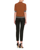 Half-Sleeve Jewel-Neck Two-Tone Sweater, Cognac/Gray