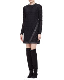 Long-Sleeve Faux-Wrap Dress, Black