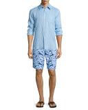 Okoa Shark-Print Swim Trunks, Blue