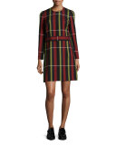 Birdseye-Stripe Belted Long-Sleeve Dress, Black/Multi