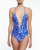 Acapulco Brushstroke-Print Halter One-Piece Swimsuit, Cobalt