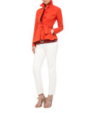 Button-Front Belted Short Trench Coat, Rust