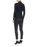 Long-Sleeve Mock-Neck Stretch Jersey Top, Black