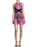 Sleeveless Feather-Print Mini Dress, Rosa