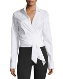 Long-Sleeve Wrap-Front Blouse, White
