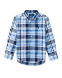 Long-Sleeve Plaid Sport Shirt, Blue, Size 2-4