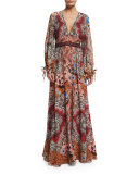 Embellished-Waist A-Line Gown, Blue/Camel
