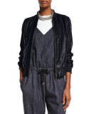Monili-Striped Leather Bomber Jacket, Navy